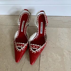 Manolo Blahnik red white pumps size 38.5 8.5